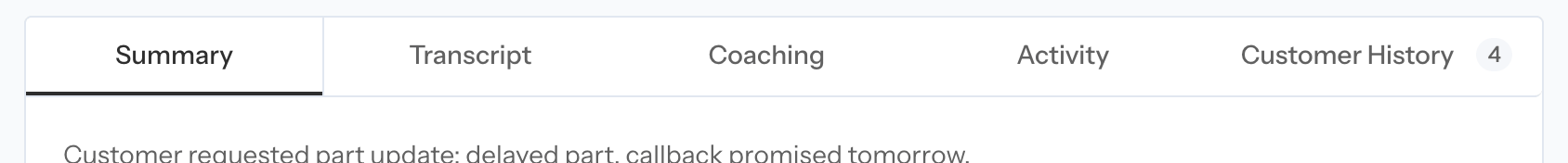 Coach call review tabs for Summary, Transcript, Coaching, Activity, and Customer History
