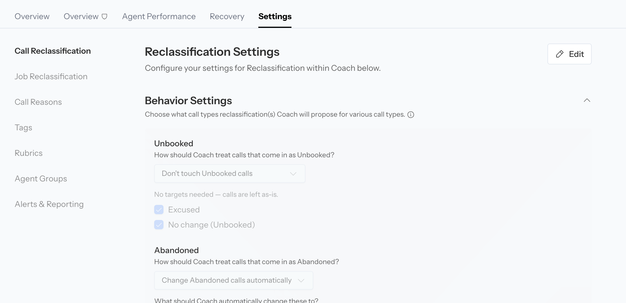 Coach Settings navigation and configuration panels
