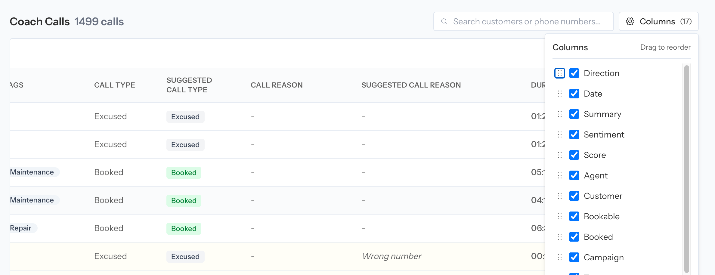 Coach Calls table with configurable columns and call review rows