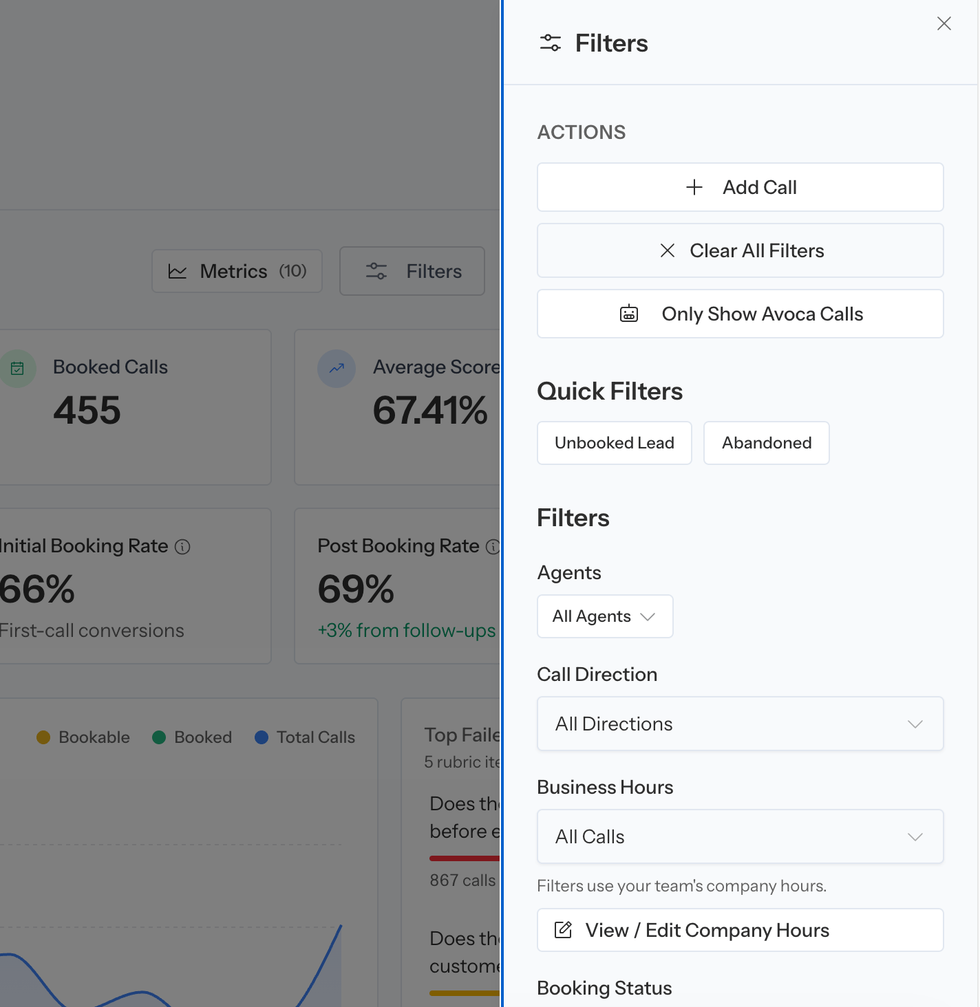 Coach filter drawer with agent, disposition, rubric, campaign, and call attribute filters