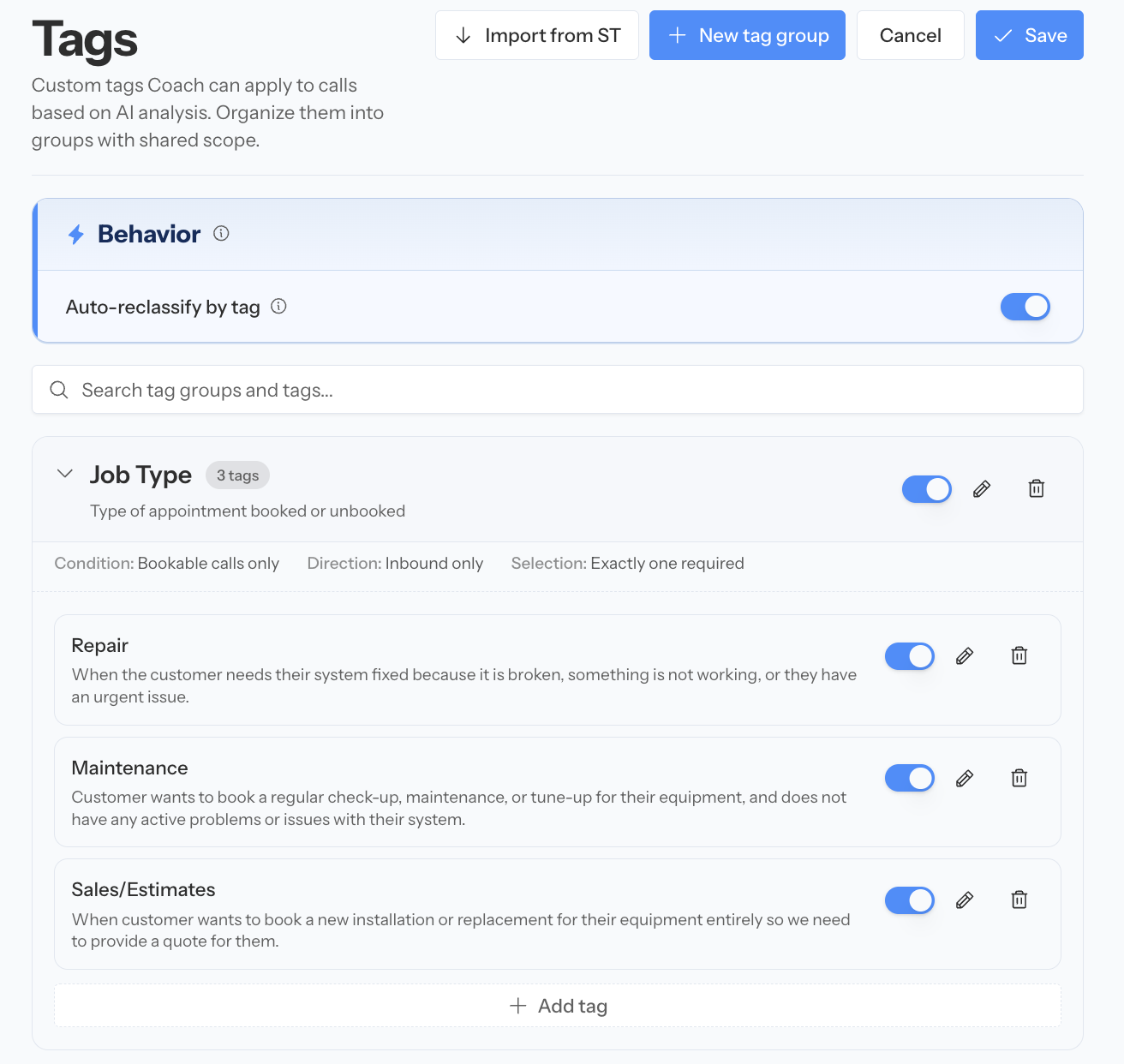 Coach tag group settings with descriptions and selection behavior