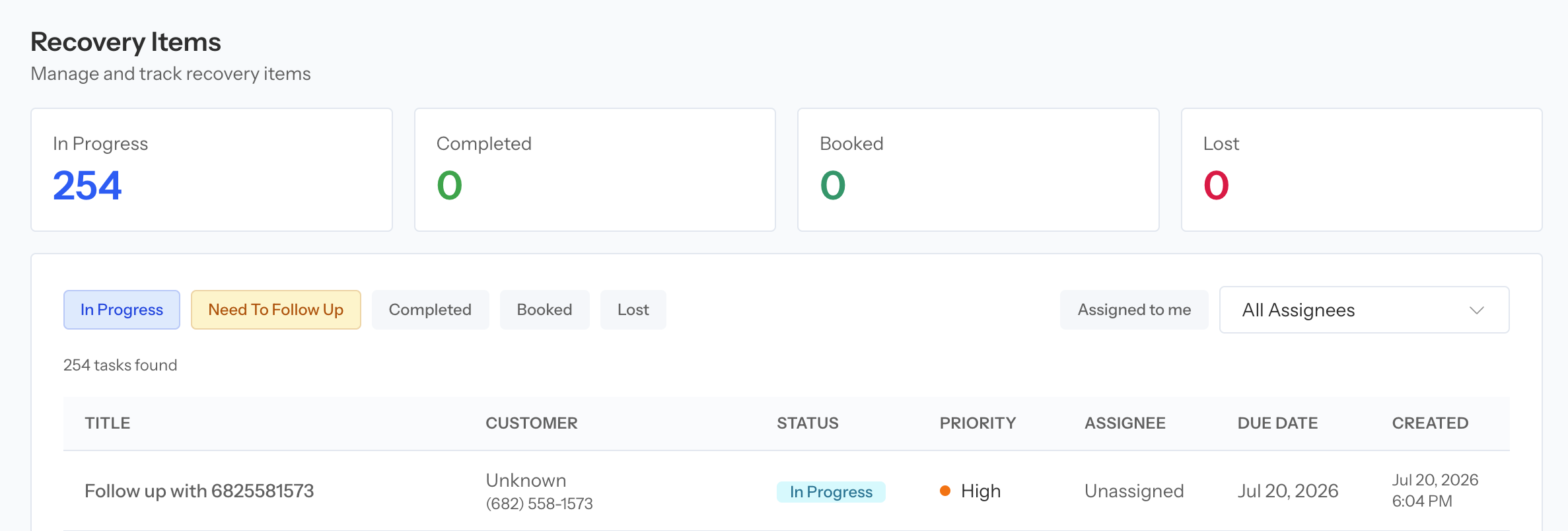 Coach Recovery Items table with customer, assignee, status, and outcome fields