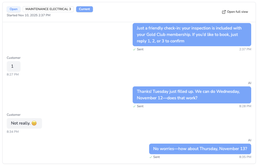 Example AI-to-customer text conversation showing branching responses.