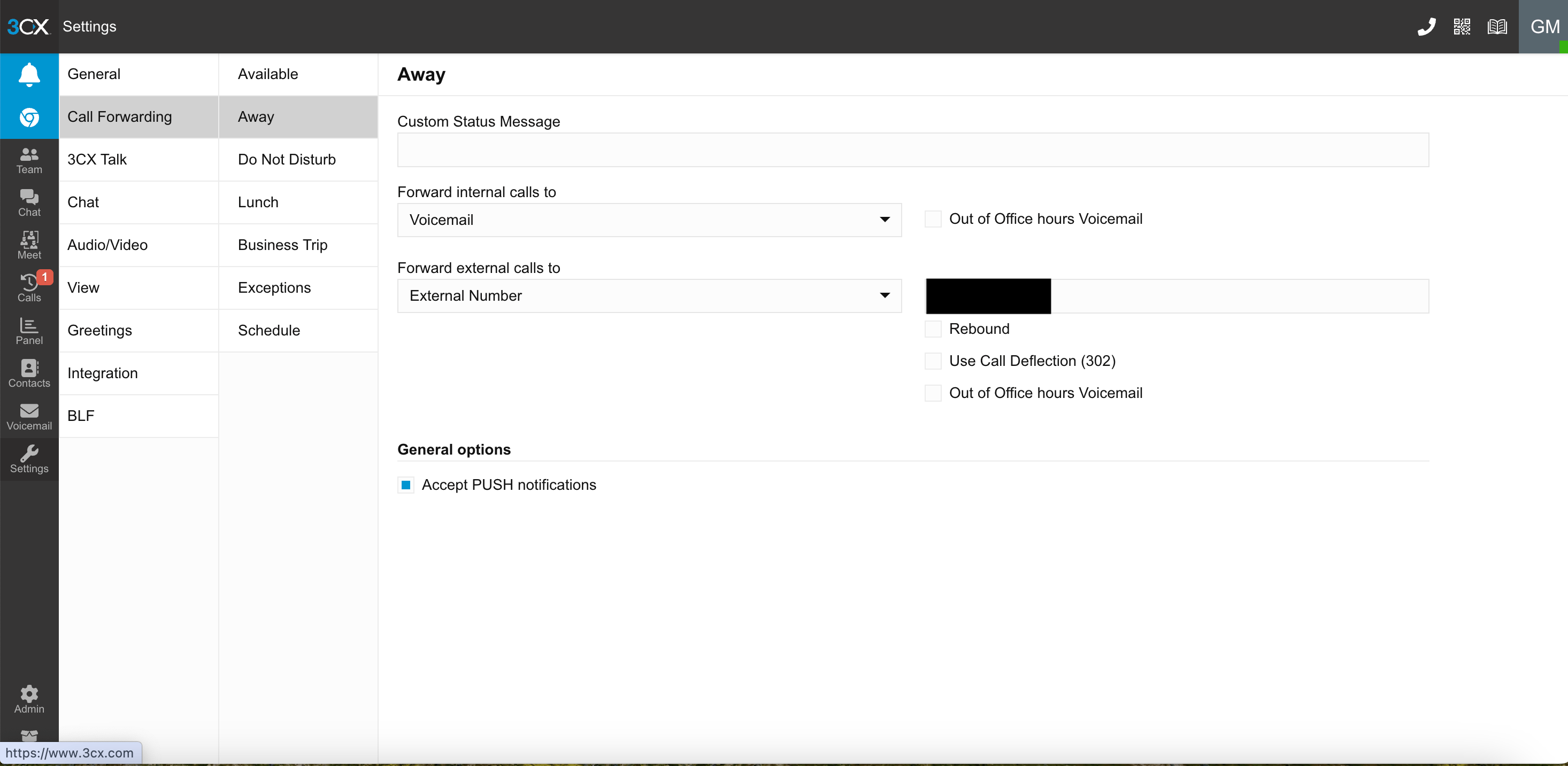 3CX Call Forwarding Away status settings