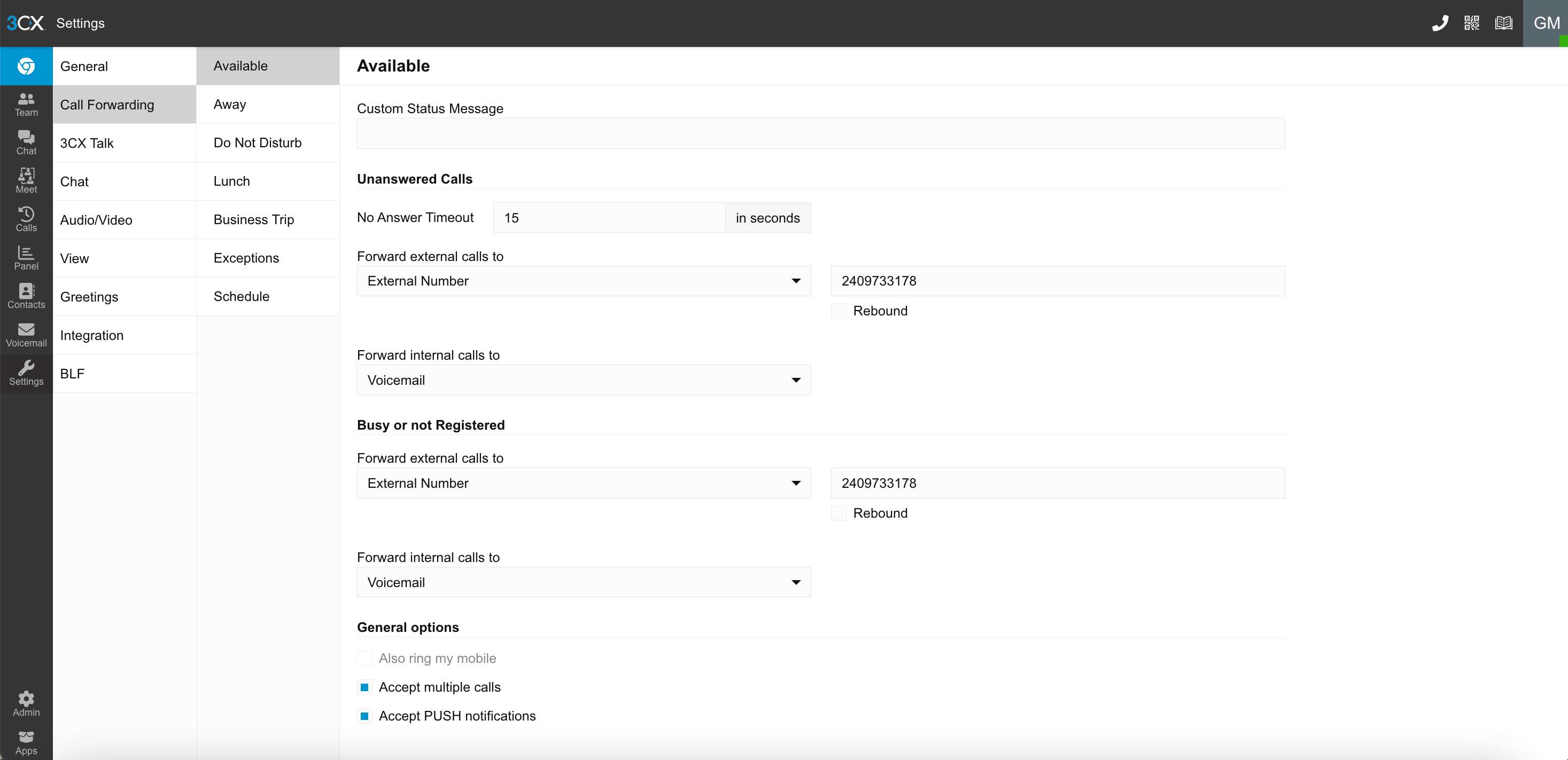 3CX Available status overflow settings