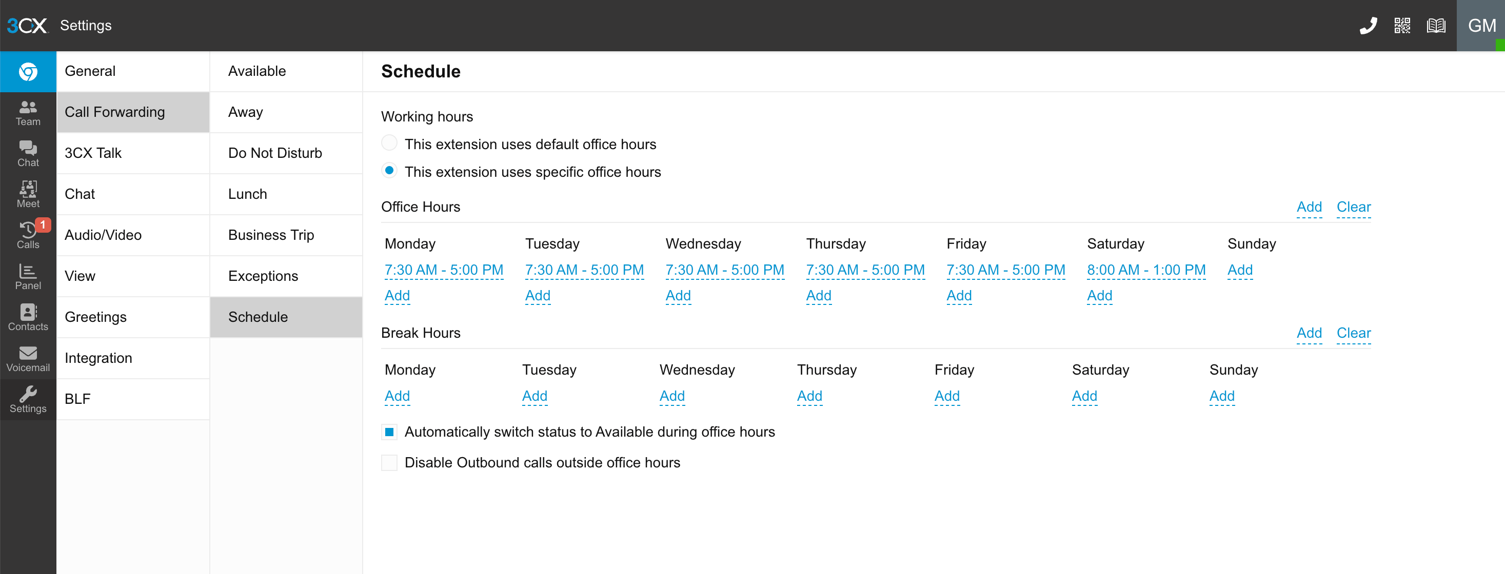 3CX schedule settings with automatic status switching