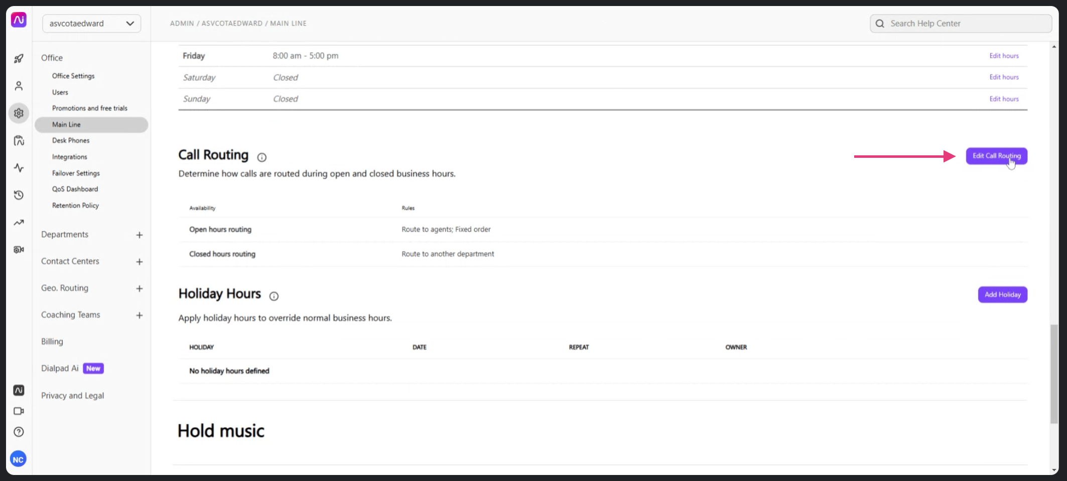 Dialpad Call Routing section with Edit Call Routing button