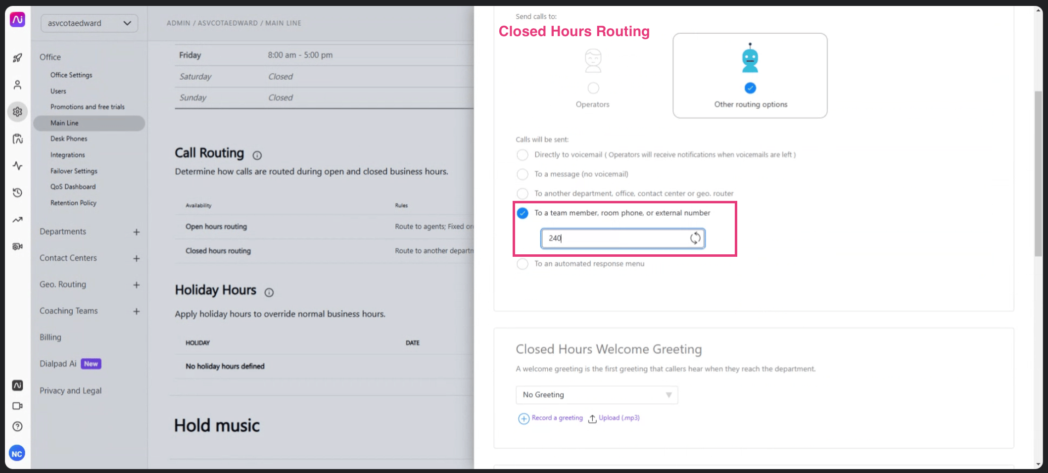 Dialpad Closed Hours Routing configuration