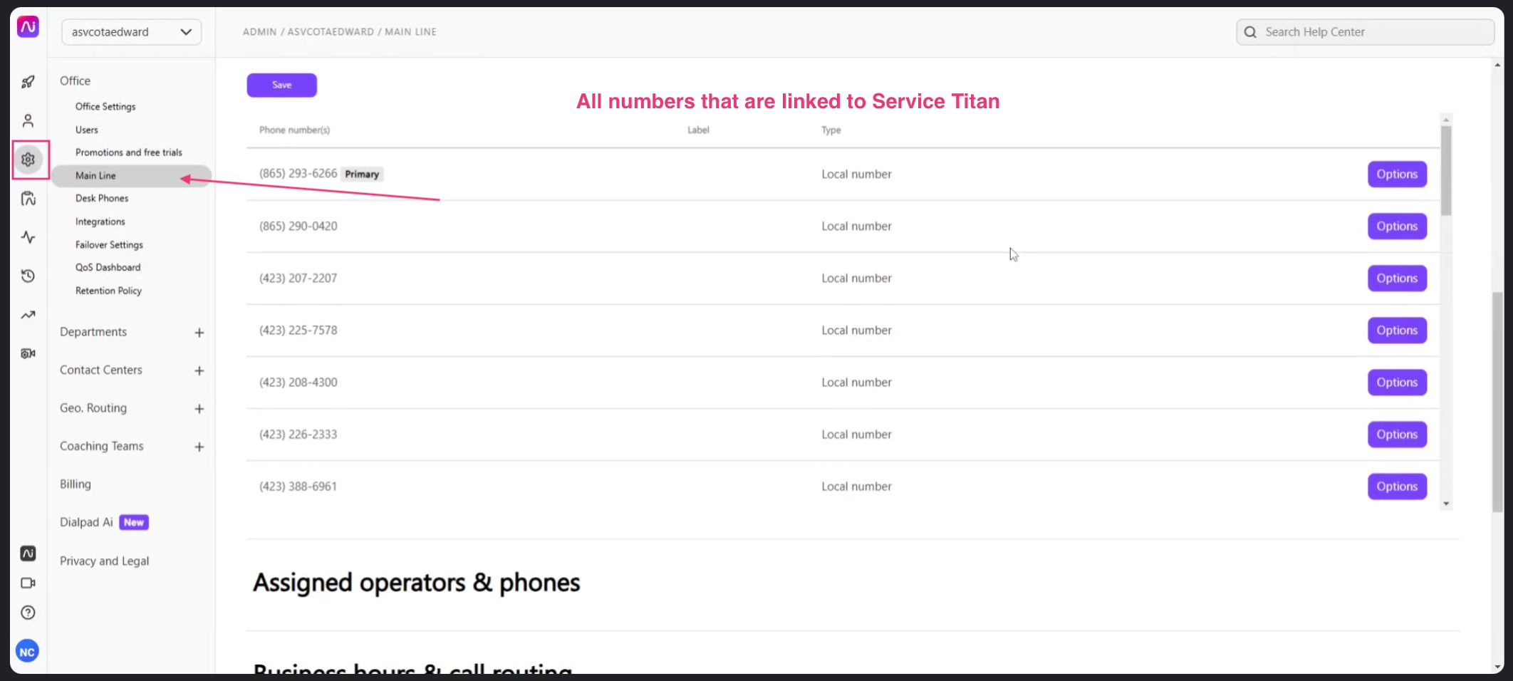Dialpad Settings showing the Main Line section