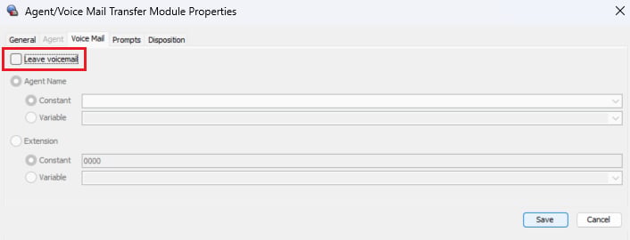 Five9 Leave Voicemail checkbox unchecked