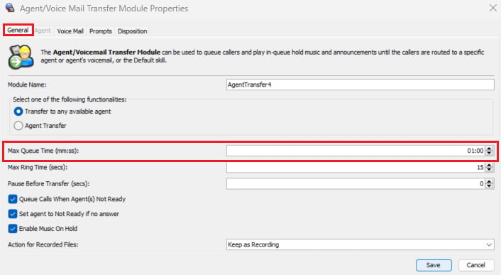 Five9 General tab with Max Queue Time and transfer number
