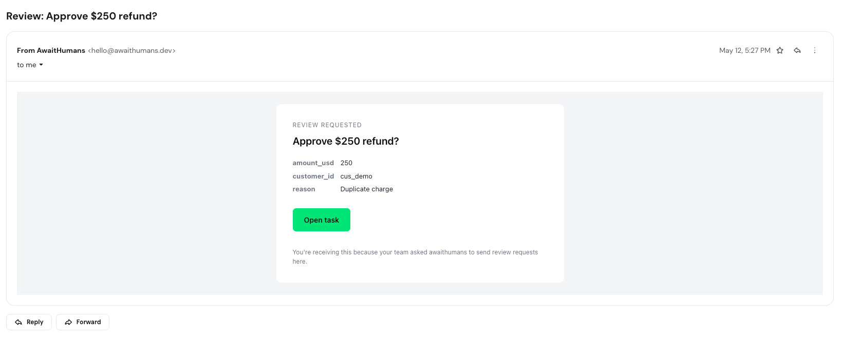 An email task delivery — payload context above, Approve / Reject magic-link buttons inline