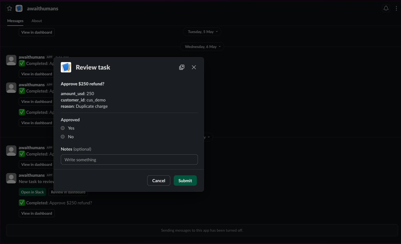 Slack review modal — Block Kit form auto-generated from the response schema