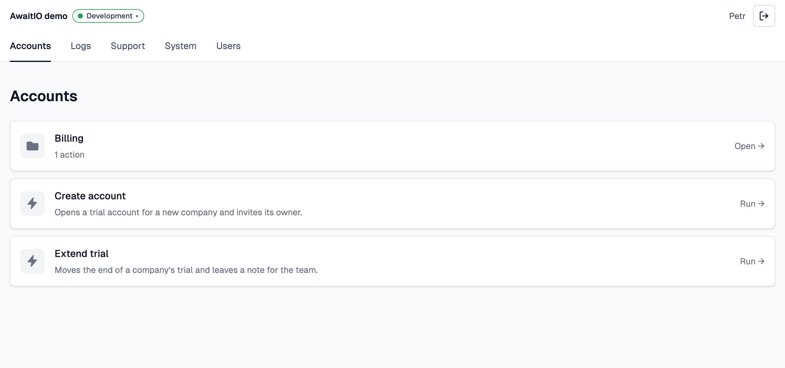 The action list with the tabs Accounts, Logs, Support, System and Users; the Accounts tab shows a Billing folder card above two action cards