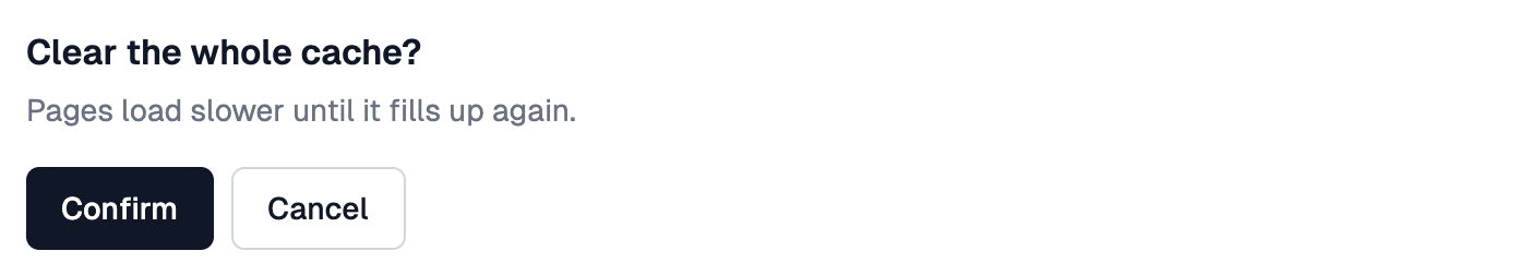The question Clear the whole cache? with help text under it and Confirm and Cancel buttons