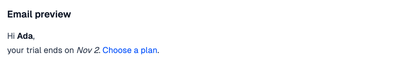 An Email preview heading with two lines of formatted text and a blue link