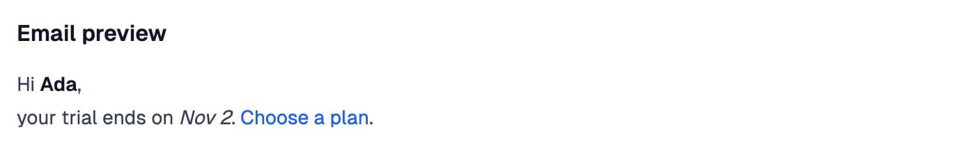 An Email preview heading with two lines of formatted text and a blue link