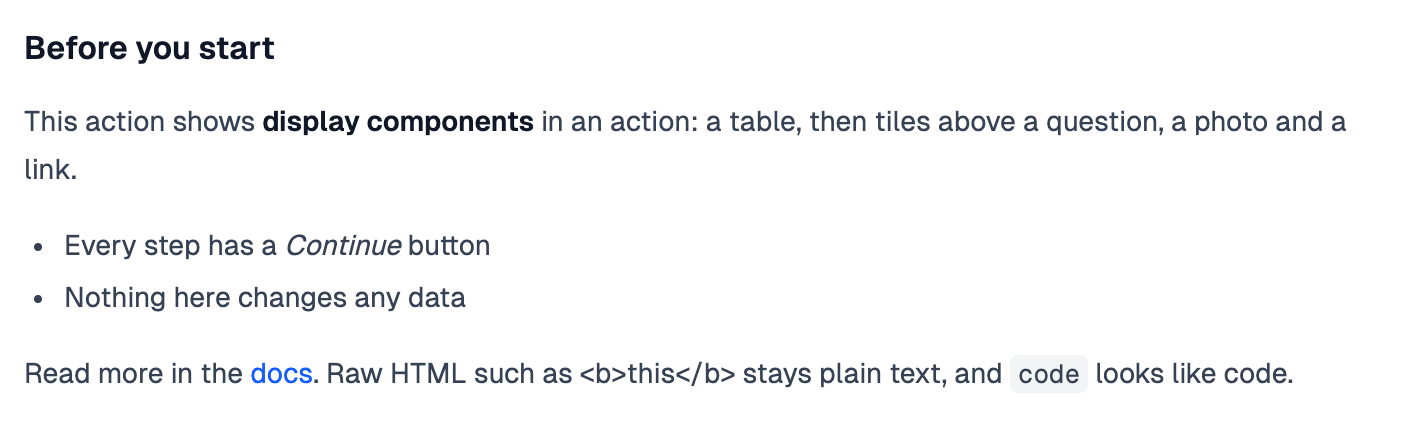 A Before you start heading, a paragraph with bold text, a bulleted list and a line with a link and inline code