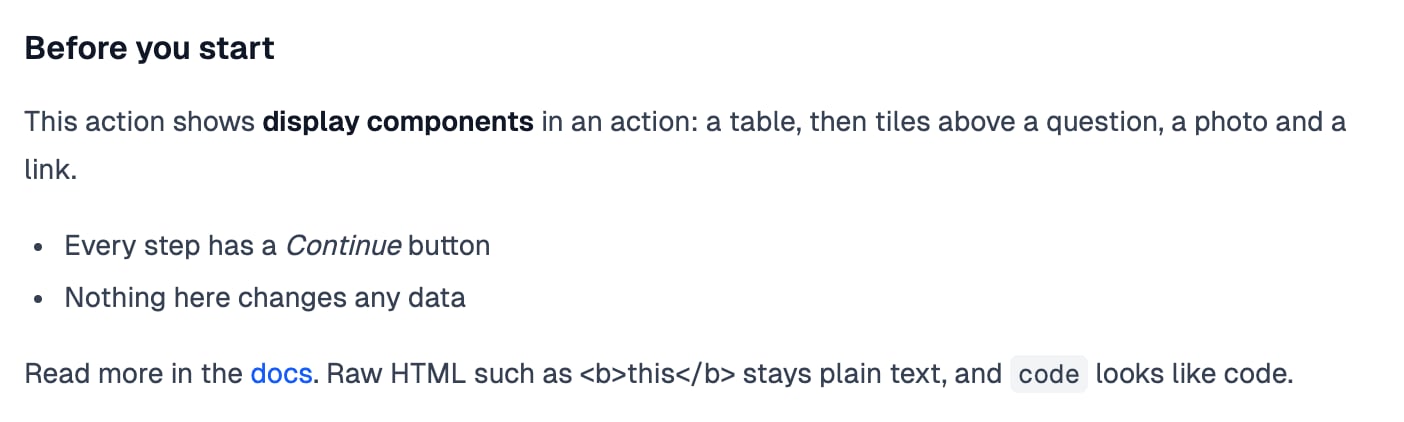 A Before you start heading, a paragraph with bold text, a bulleted list and a line with a link and inline code