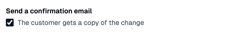 The label Send a confirmation email above a checked checkbox with the help text to its right