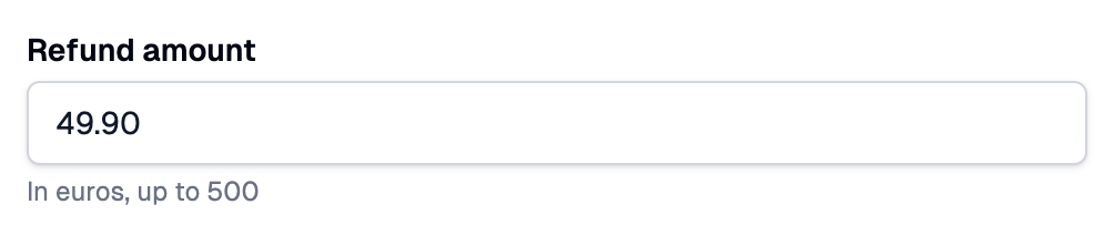 A Refund amount field filled with 49.90, with help text under it