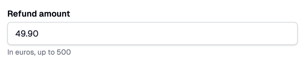 A Refund amount field filled with 49.90, with help text under it