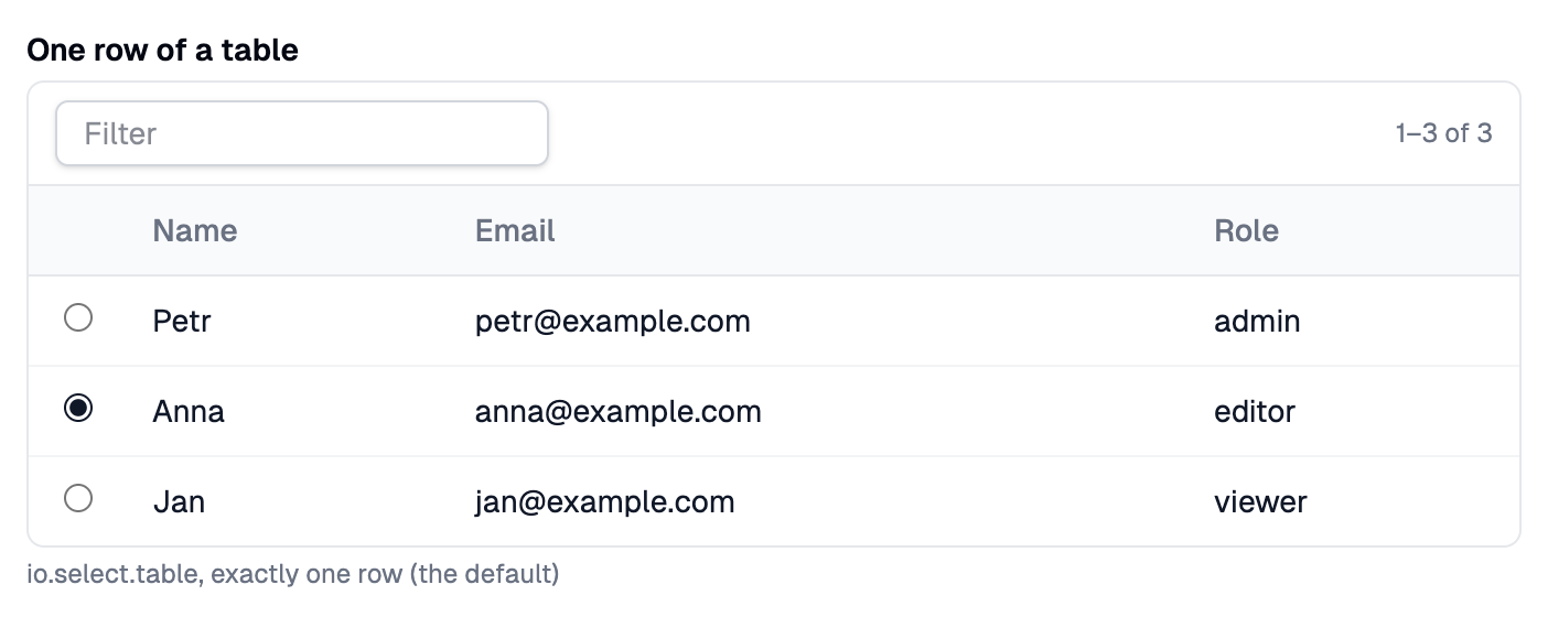 A table with Name, Email and Role columns, a filter above it and a radio in front of every row, Anna picked