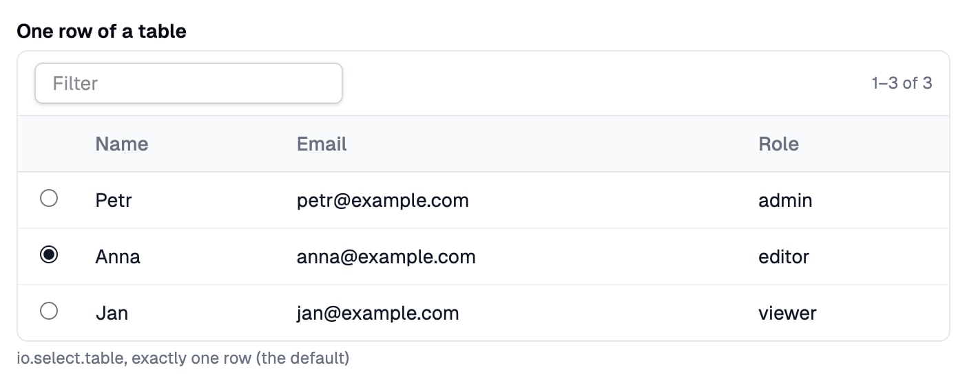 A table with Name, Email and Role columns, a filter above it and a radio in front of every row, Anna picked