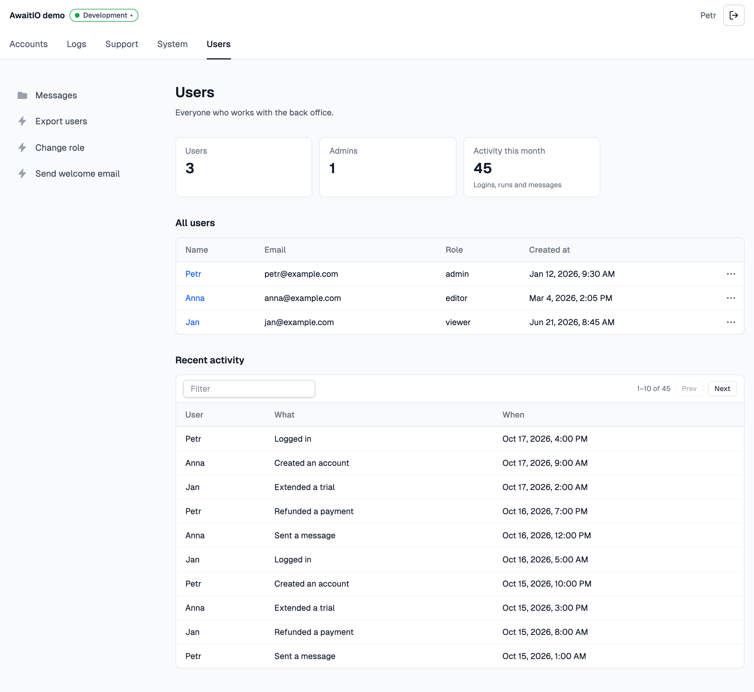 The Users page of the demo app: the title Users and its description, tiles with totals, a users table and a paged activity table