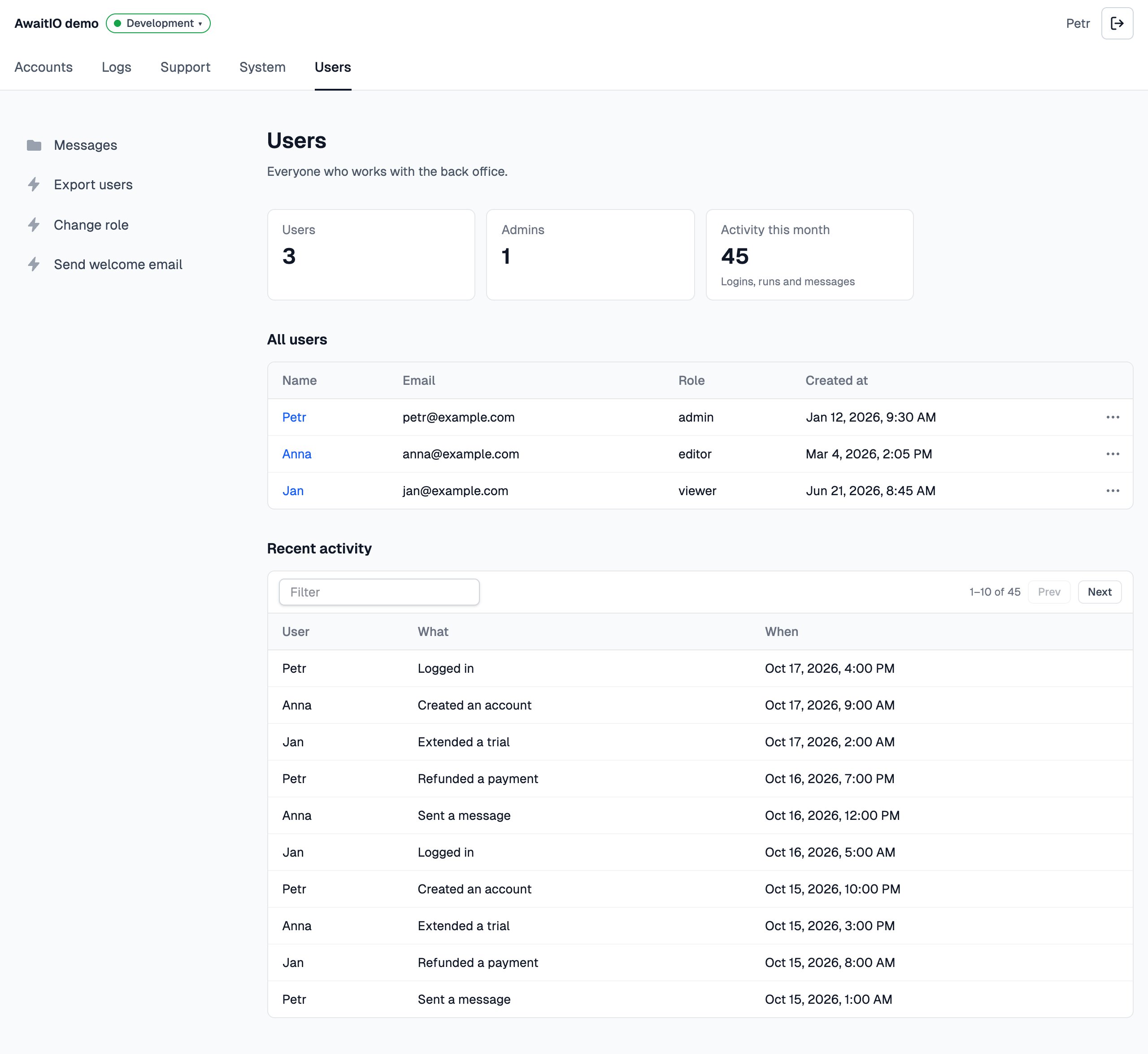 The Users page of the demo app: the title Users and its description, tiles with totals, a users table and a paged activity table
