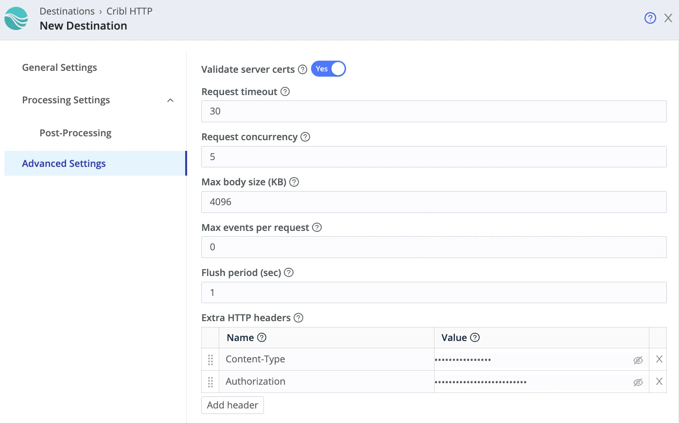 Cribl LogStream destination headers
