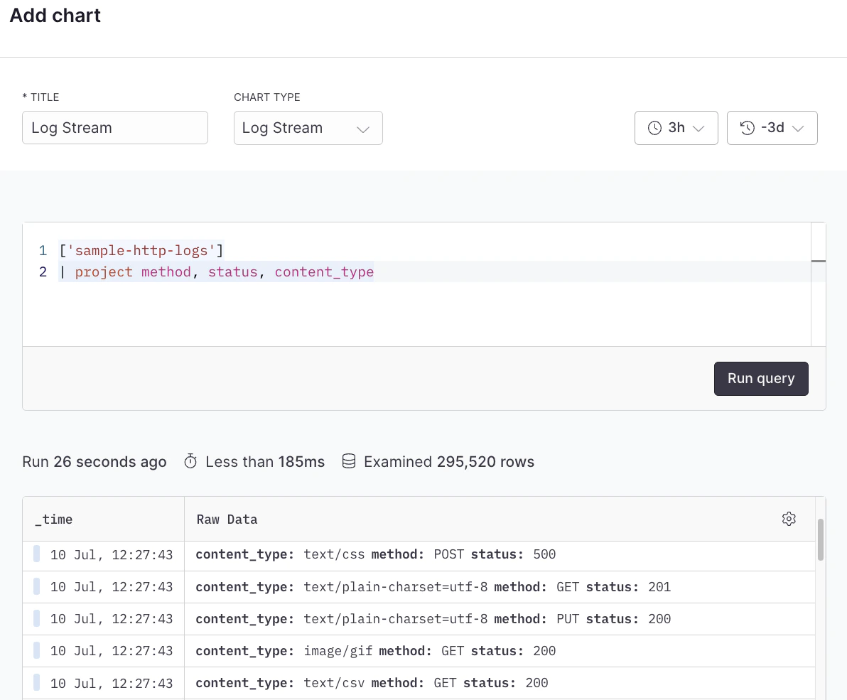 Log stream example with APL