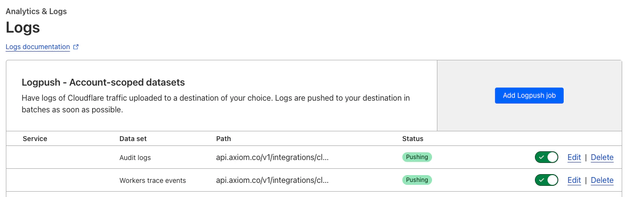 CloudFlare Logpush on account level