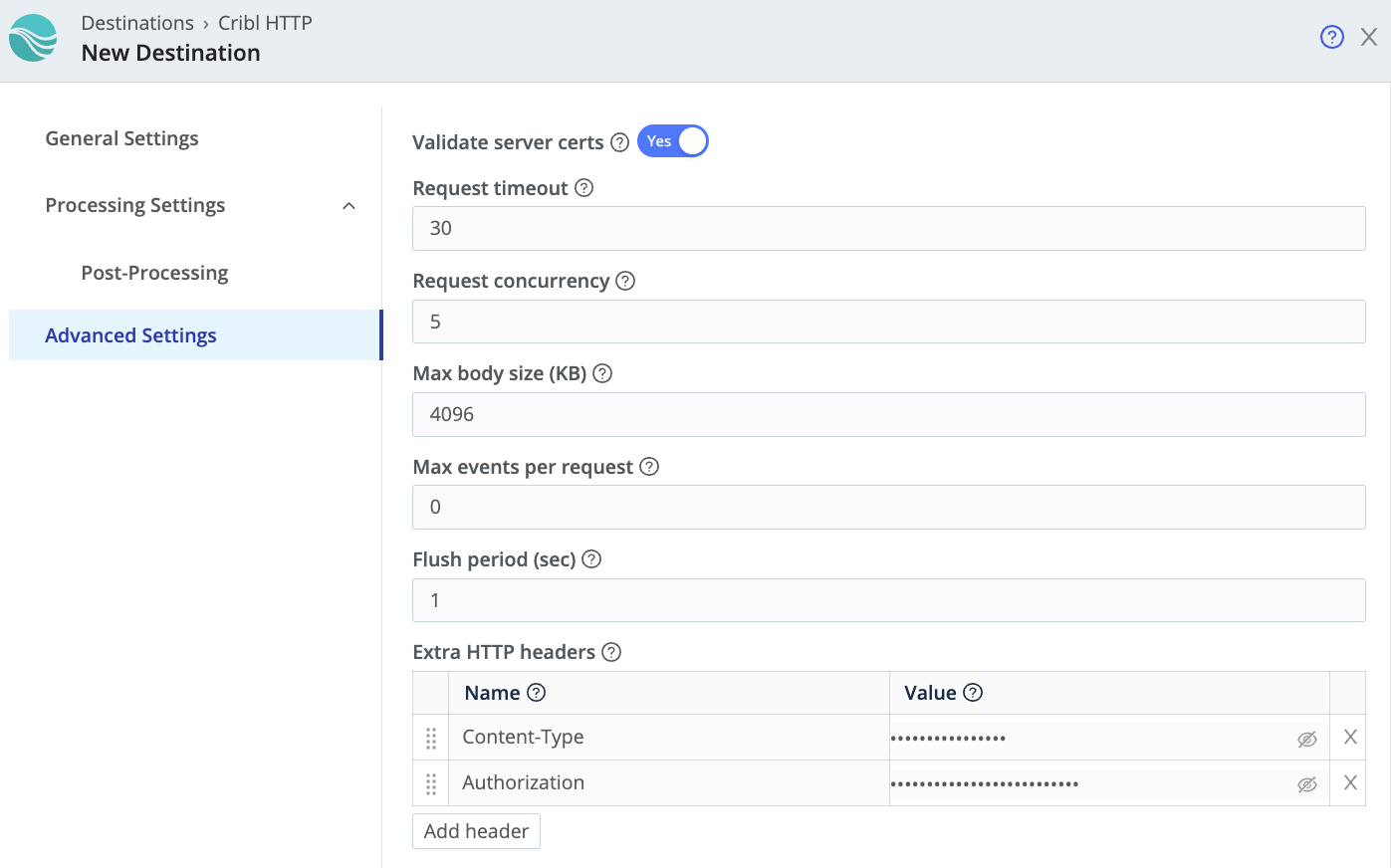 Cribl LogStream destination headers