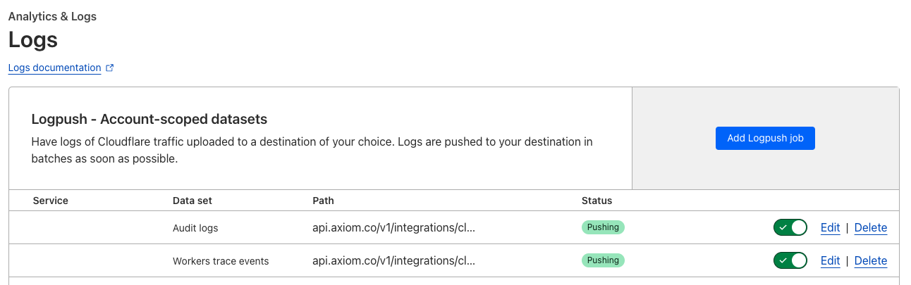 CloudFlare Logpush on account level