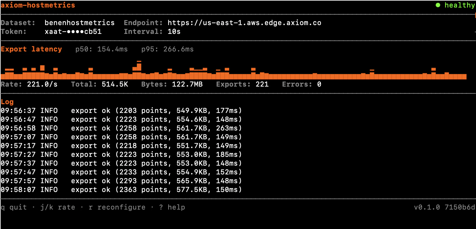 axiom-hostmetrics terminal UI showing export latency and live log output