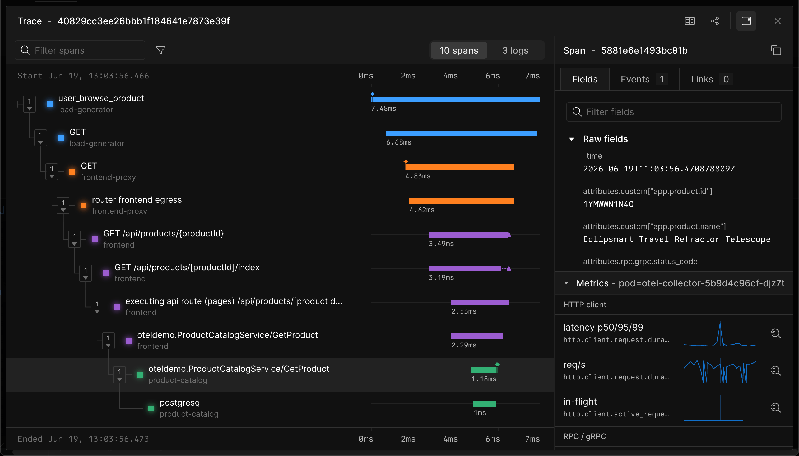 Trace details with correlated logs and metrics