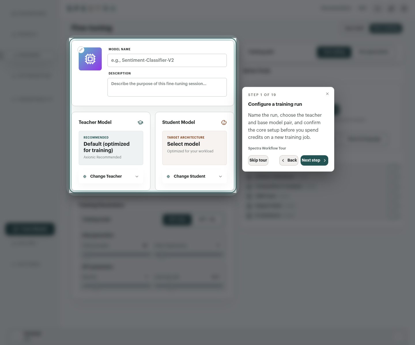 Guided tour step highlighting the fine-tuning setup flow