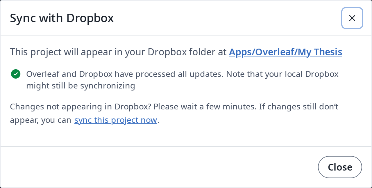 编辑器中的“与 Dropbox 同步”对话框