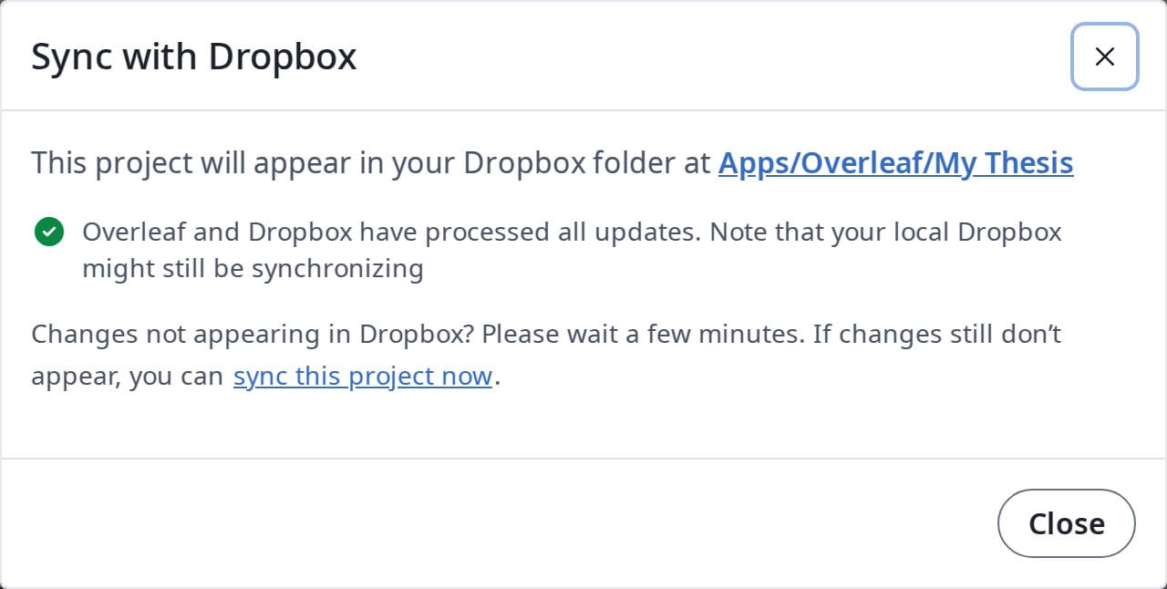 编辑器中的“与 Dropbox 同步”对话框