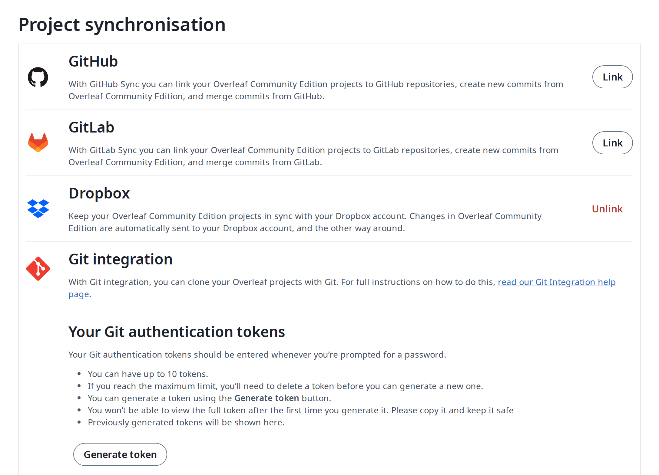 账户设置中的 GitHub、GitLab 和 Dropbox