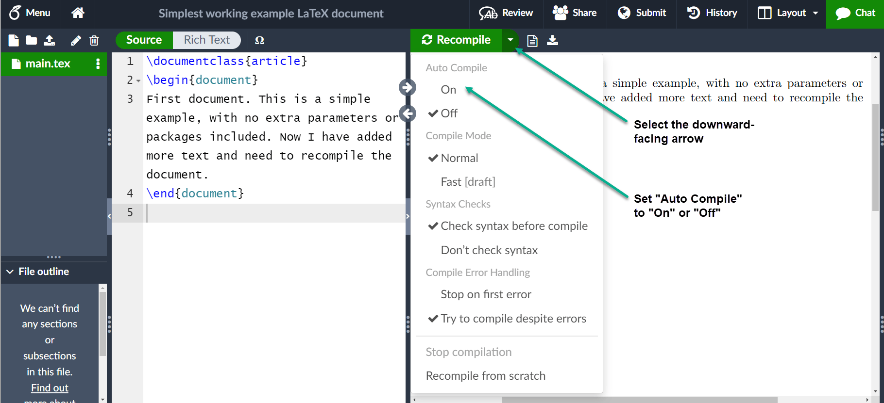 لقطة شاشة توضح كيفية ضبط Auto Compile على On أو Off