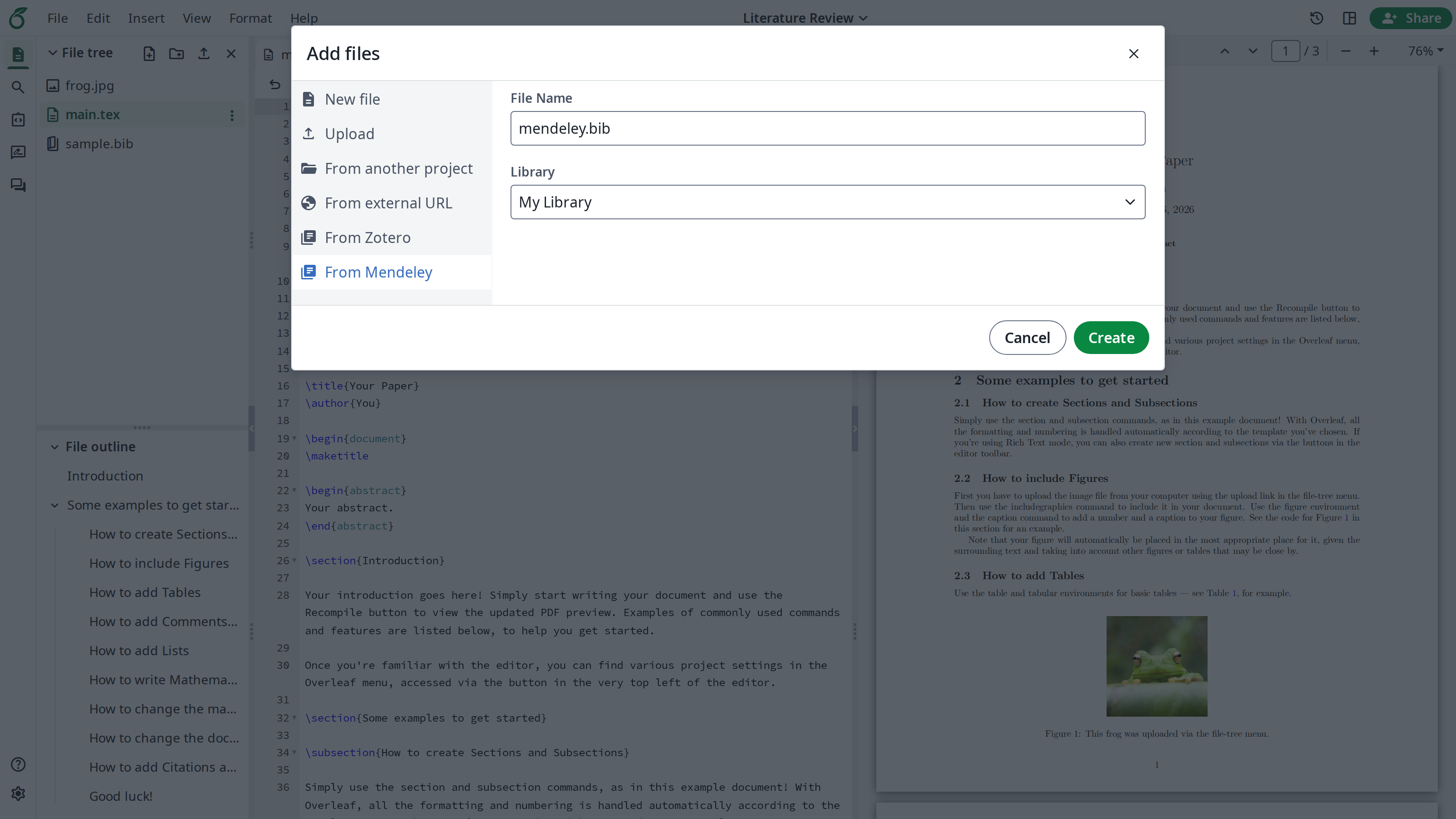 Import a .bib file from Mendeley