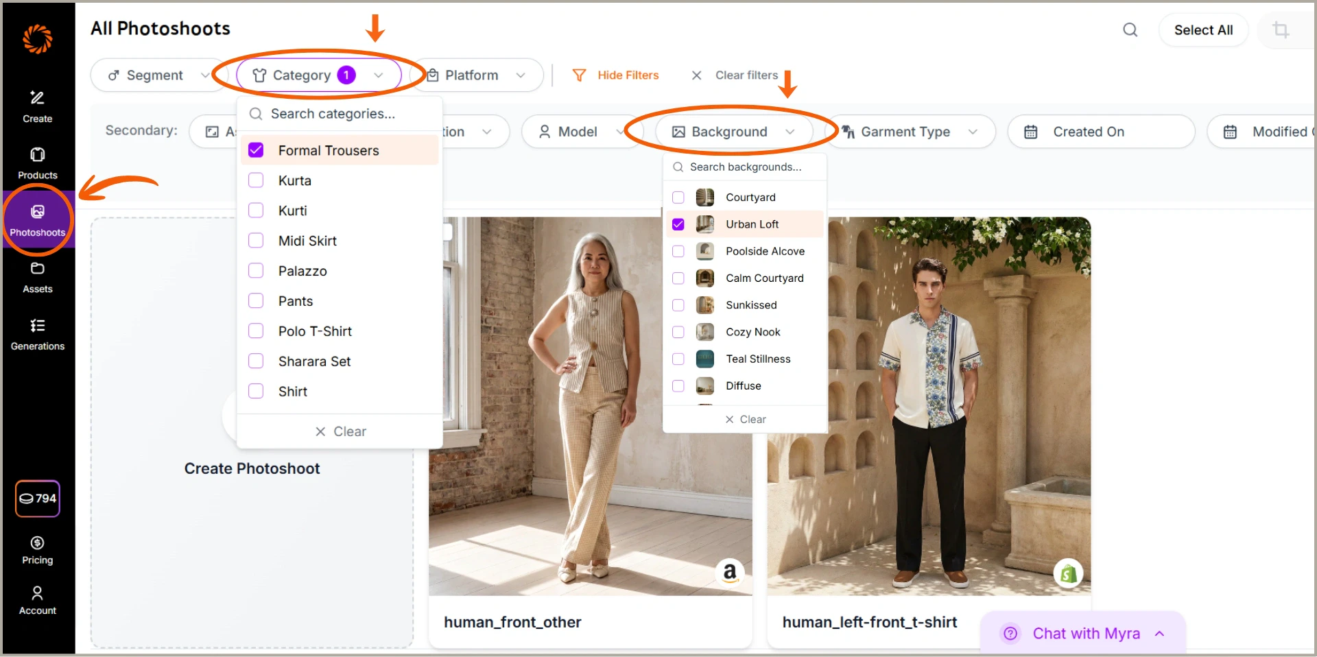 Refined filtering tools in photoshoots