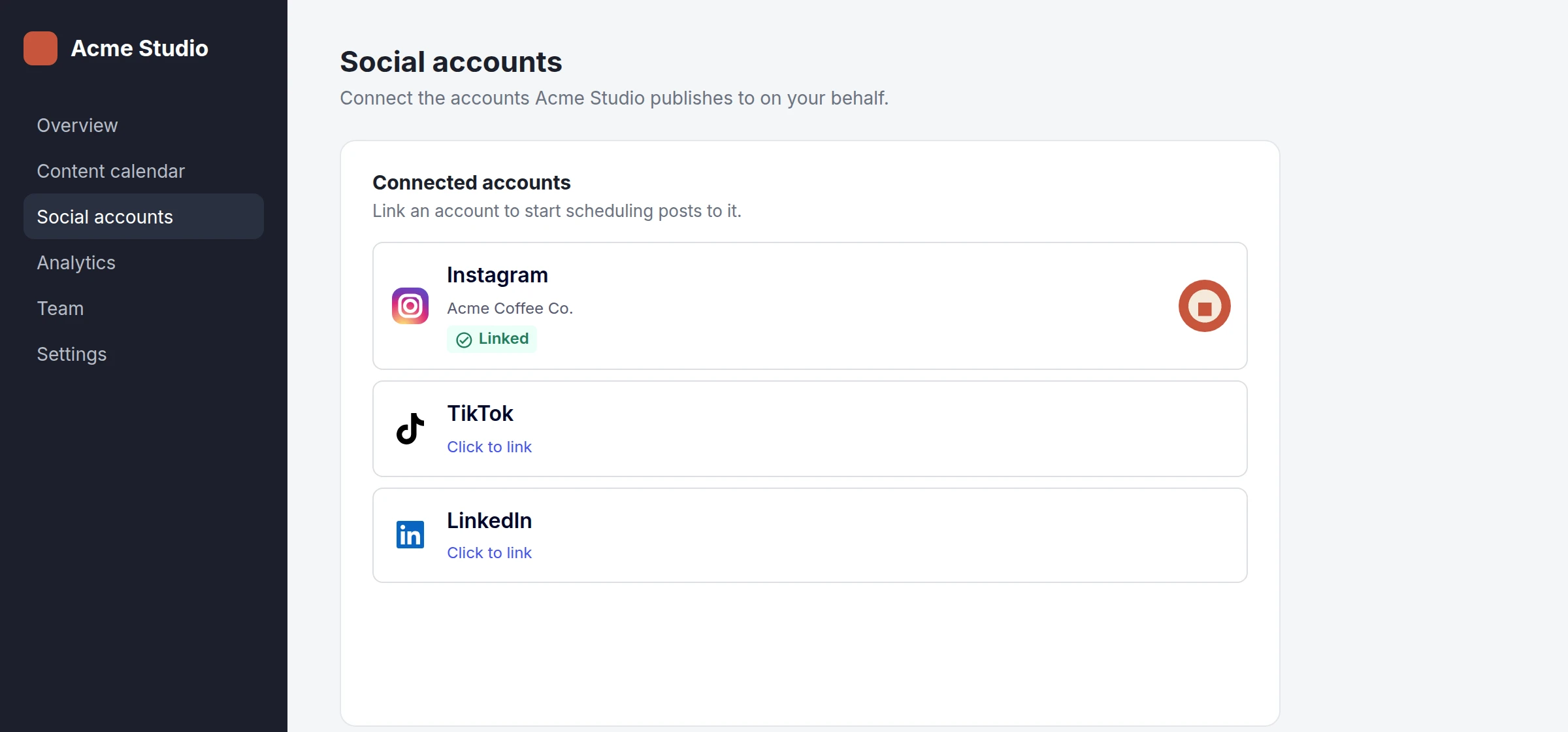A customer dashboard with Ayrshare Connect tiles for Instagram, TikTok and LinkedIn embedded in a card
