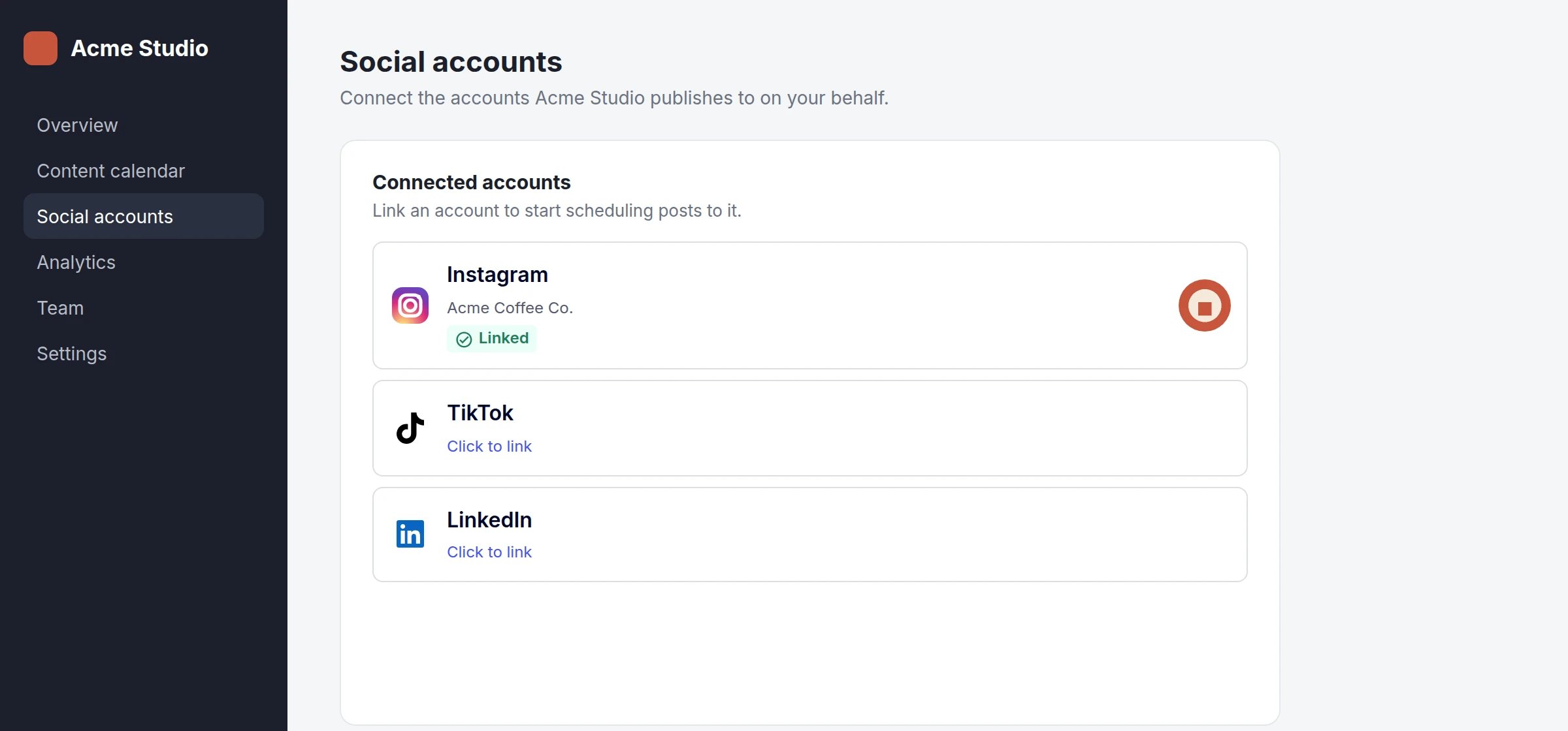 A customer dashboard with Ayrshare Connect tiles for Instagram, TikTok and LinkedIn embedded in a card