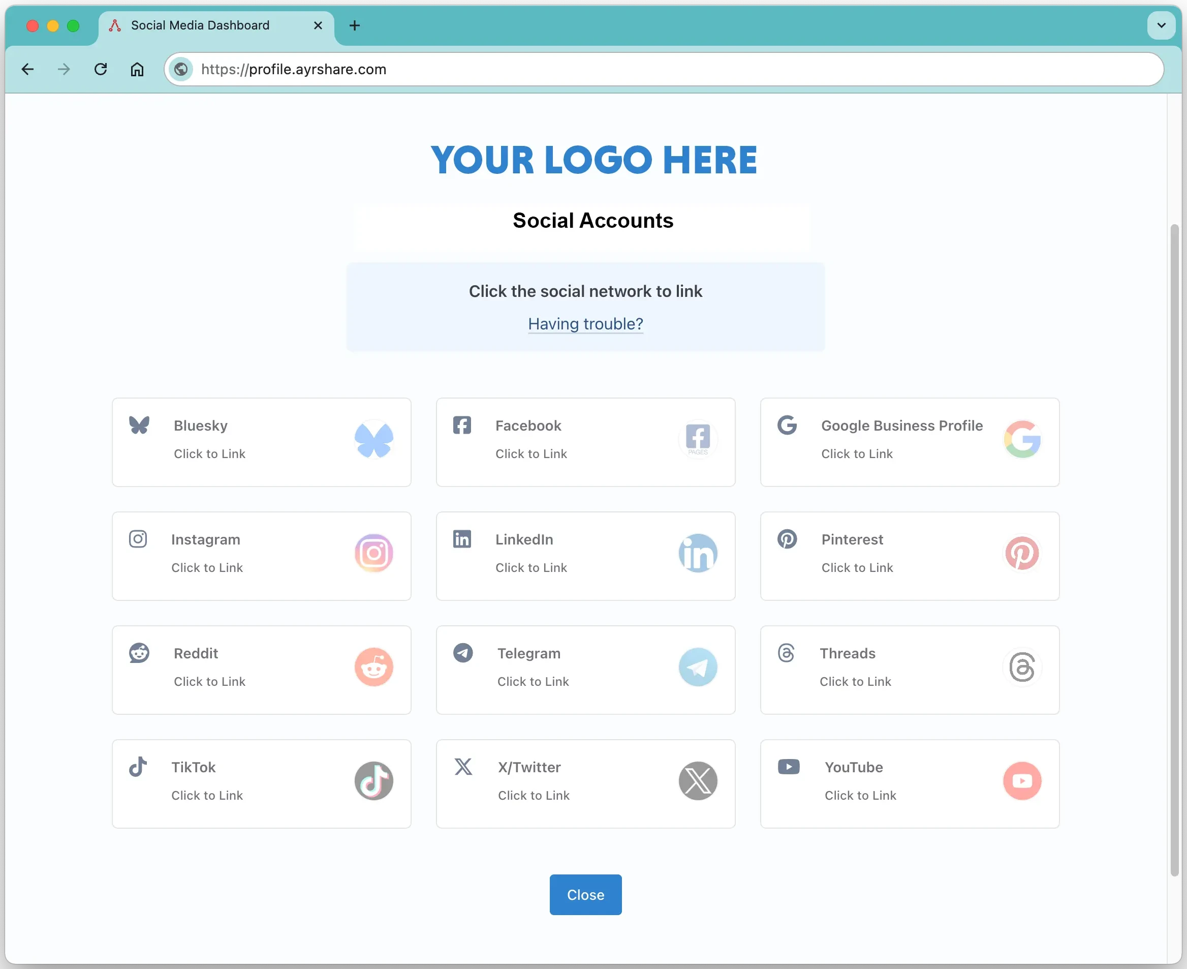 The hosted social linking page showing every available network