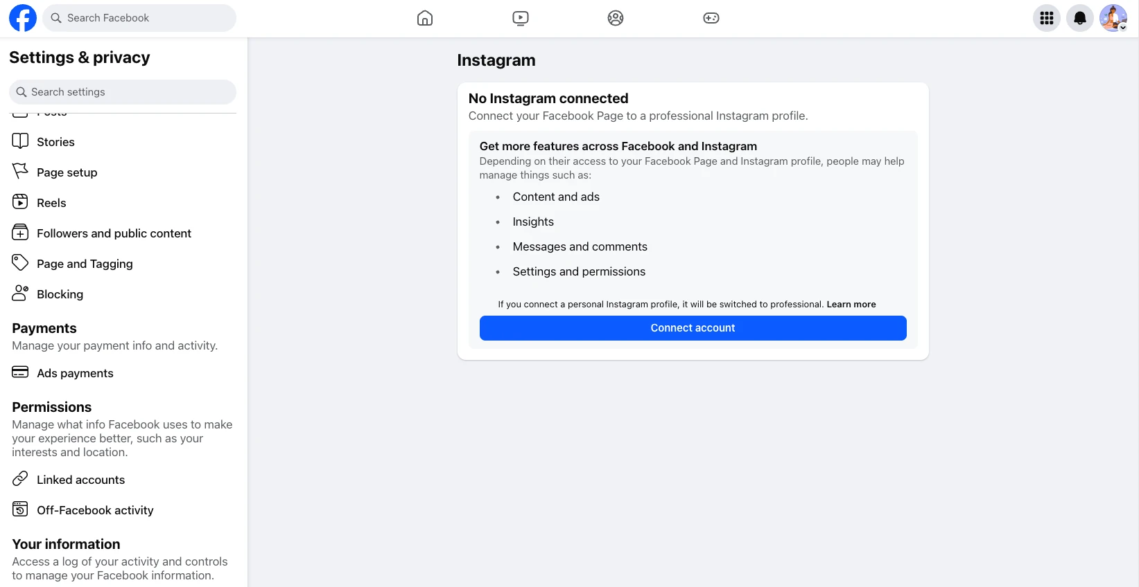 No Instagram connected screen with the Connect account button
