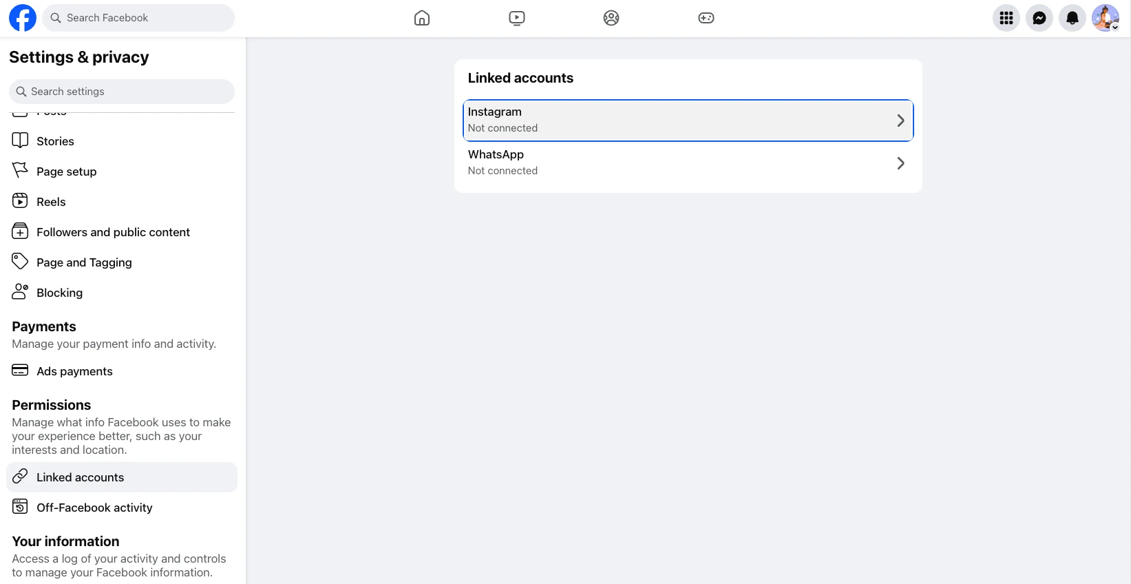 Facebook Settings and privacy, Permissions section, Linked accounts panel showing Instagram not connected
