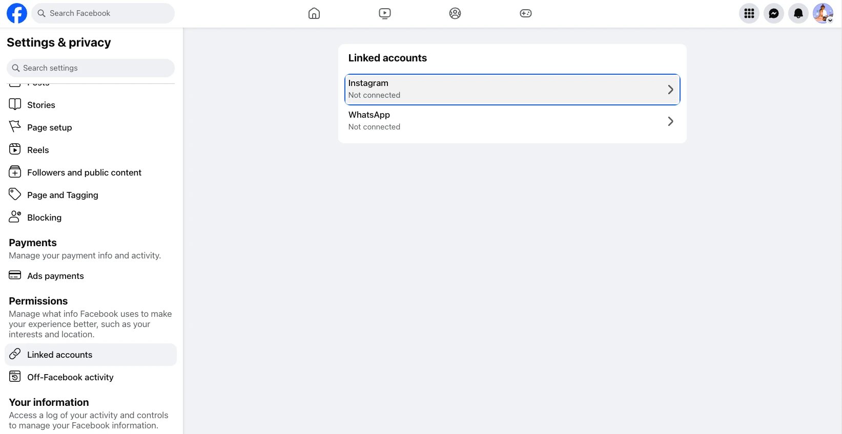 Facebook Settings and privacy, Permissions section, Linked accounts panel showing Instagram not connected